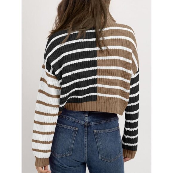 Women’s Coffe Saodi mallsu Striped Cropped Zip Up Sweater, Color Block - Picture 6 of 6
